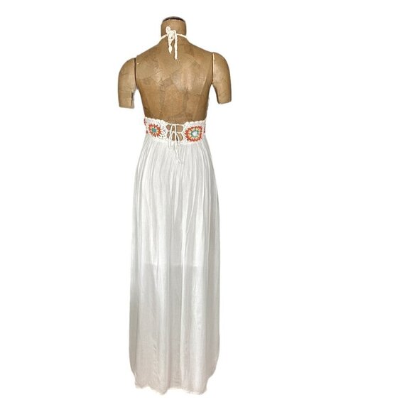 Earthbound BOHO Beachy White Halter Midi/Maxi Dress Crochet & Gauze 266A - Picture 4 of 8